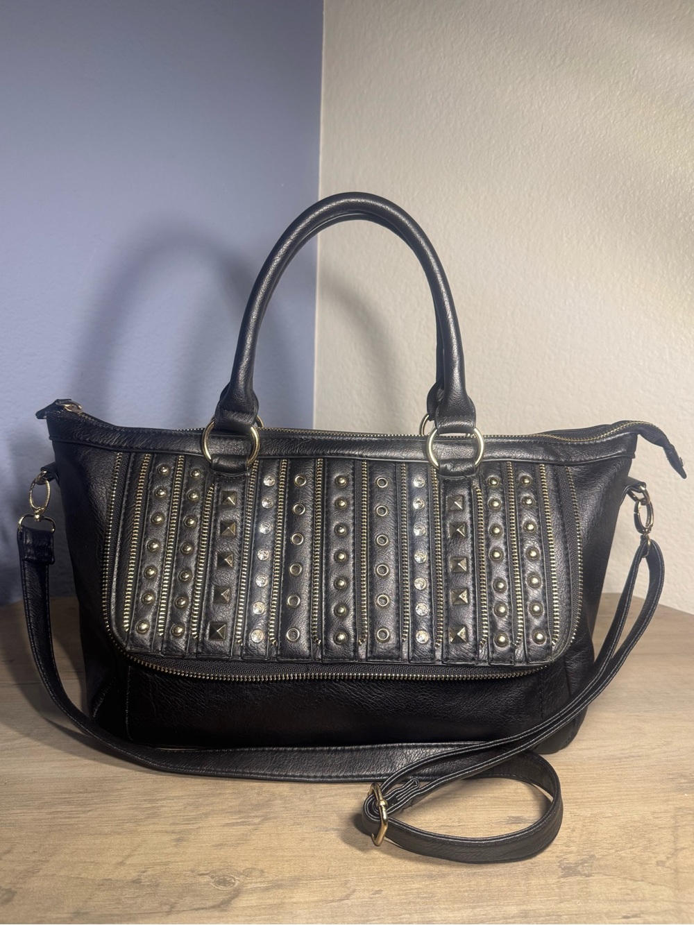 Black Rivet Studded Satchel Crossbody Bag Vegan Leather Boho Punk